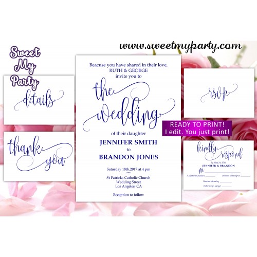 Navy Wedding Invitation suite,Calligrapy Wedding invitation set,(66w)